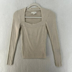 H&M Sweater Women's XS Ivory Cream Ribbed Square Neck Long Sleeve Slim Pullover